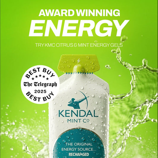 Kendal Mint Co KMC energy gel bottle with green background and branding elements.