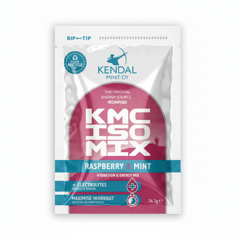 KMC ISO MIX packaging for raspberry and mint flavor on a white background