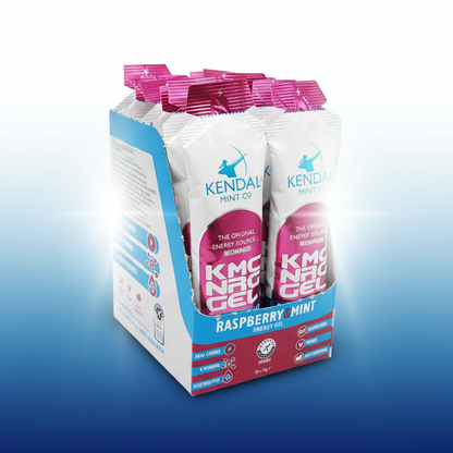 Packaging of Kendal Mint co raspberry mint energy gels on a gradient blue background