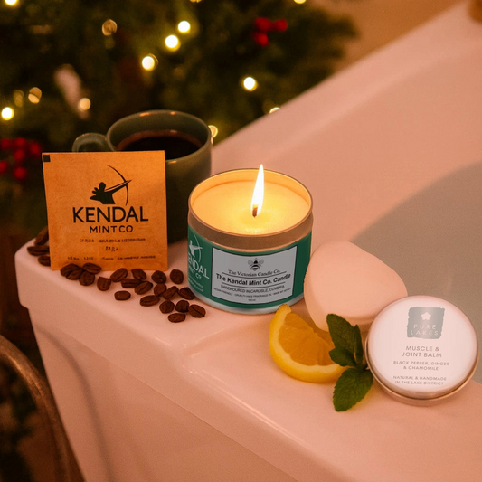 Kendal Mint Recharge Gift Box – candle, coffee, bath bomb and muscle balm by a cosy Christmas bath