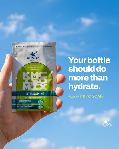 Hand holding a KMC ISO Mix packet against a blue sky background