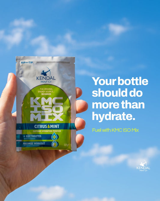 Hand holding a KMC ISO Mix packet against a blue sky background