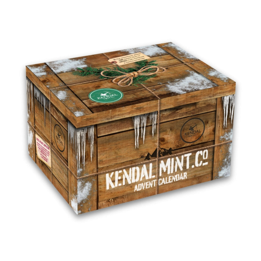 Wooden crate with 'Kendal Mint Co.' branding on a white background