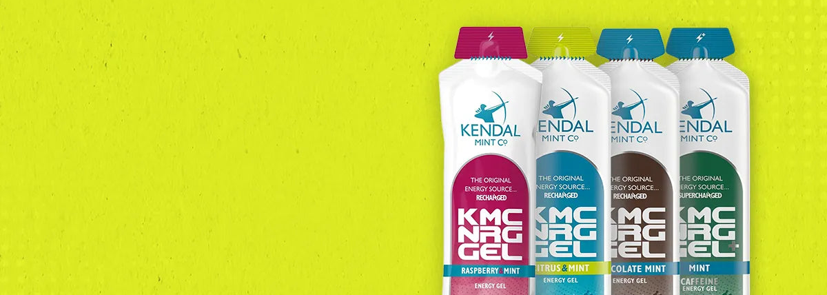 4 kmc energy gels on a bright yellow background
