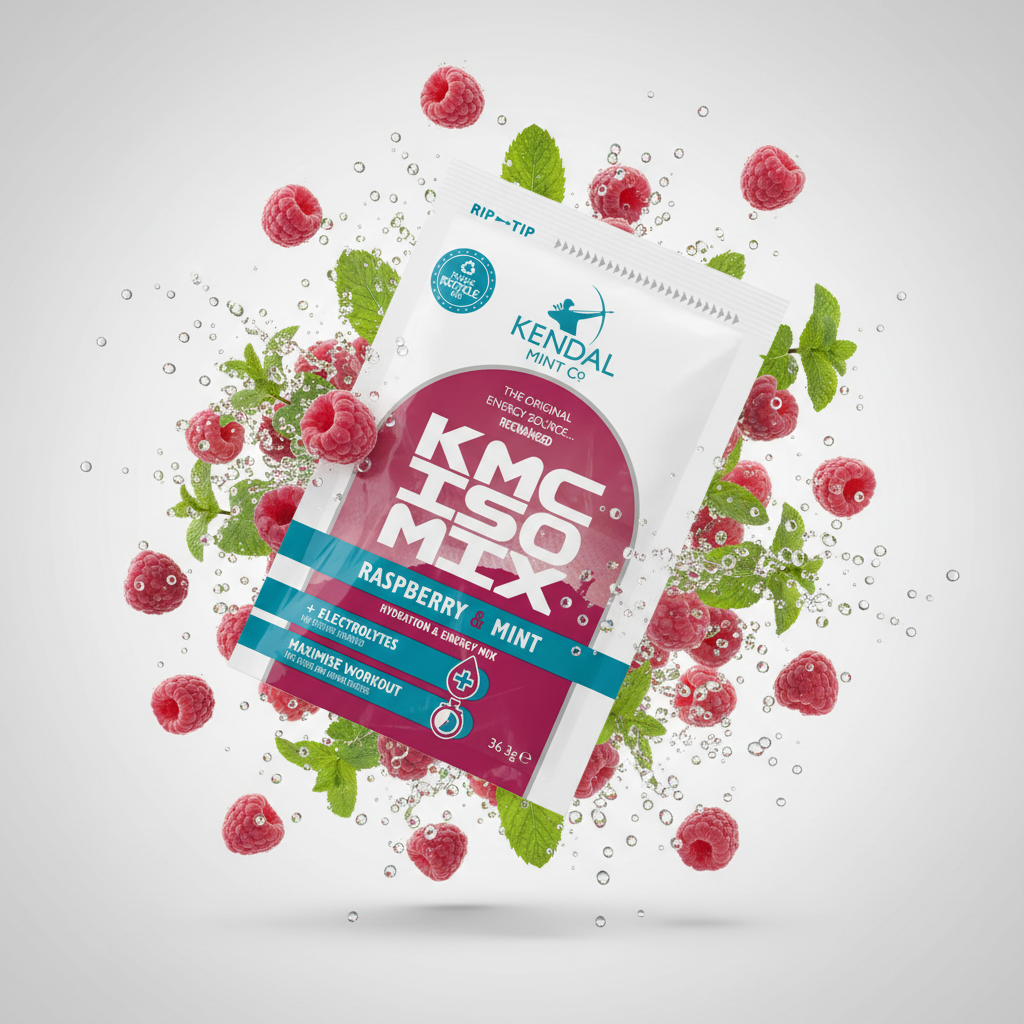 Kendal Mint Co KMC ISO MIX raspberry mint packet surrounded by raspberries and mint leaves on a light gray background.