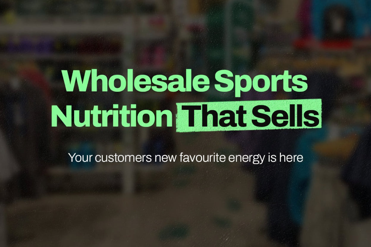 Promotional text overlay for wholesale sports nutrition products with a blurred store background.