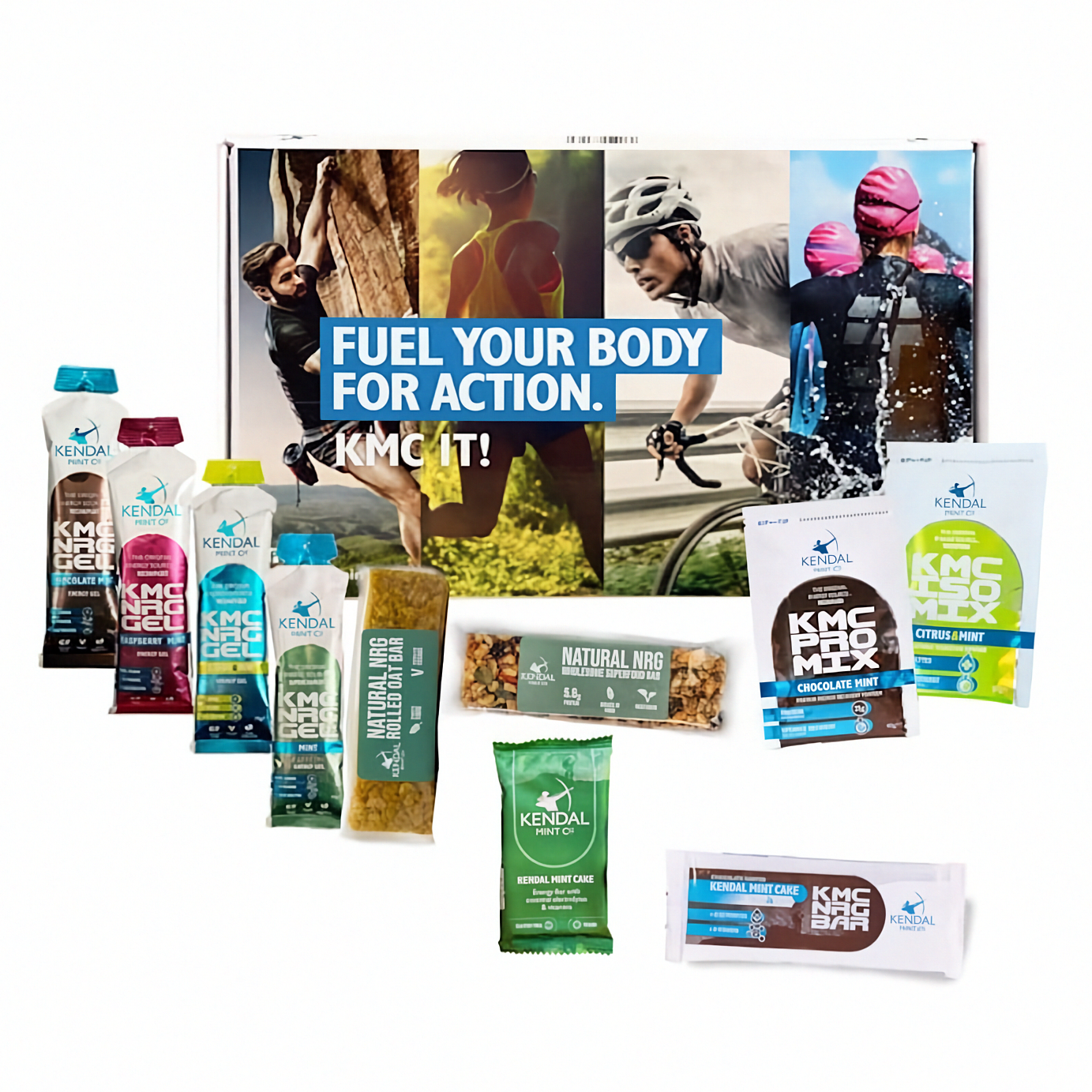 Collection of Kendal sports nutrition products with promotional text on a white background