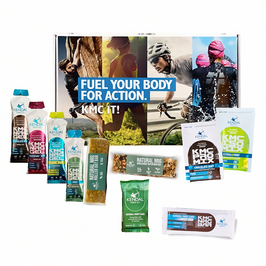 Collection of Kendal sports nutrition products with promotional text on a white background