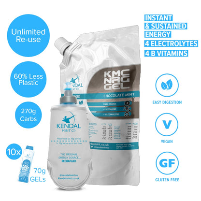 KMC NRG GEL+ Energy Gel Refill Pouch Mint Caffeine (10 x 70g Serves)